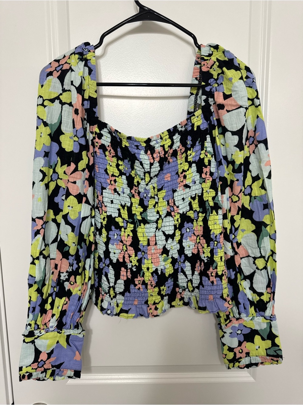 Free People Black Floral Smocked Long-Sleeve Top Size Medium